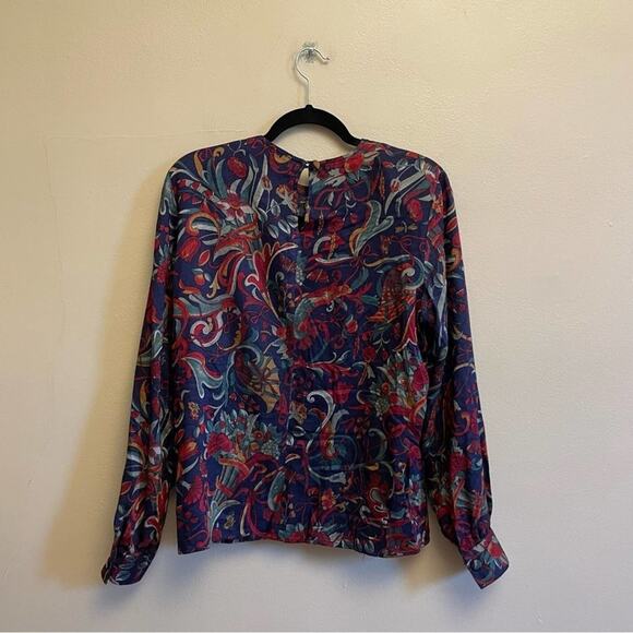 Vintage L whimsical long sleeve blouse Foxcroft bohemian floral green - Picture 5 of 8